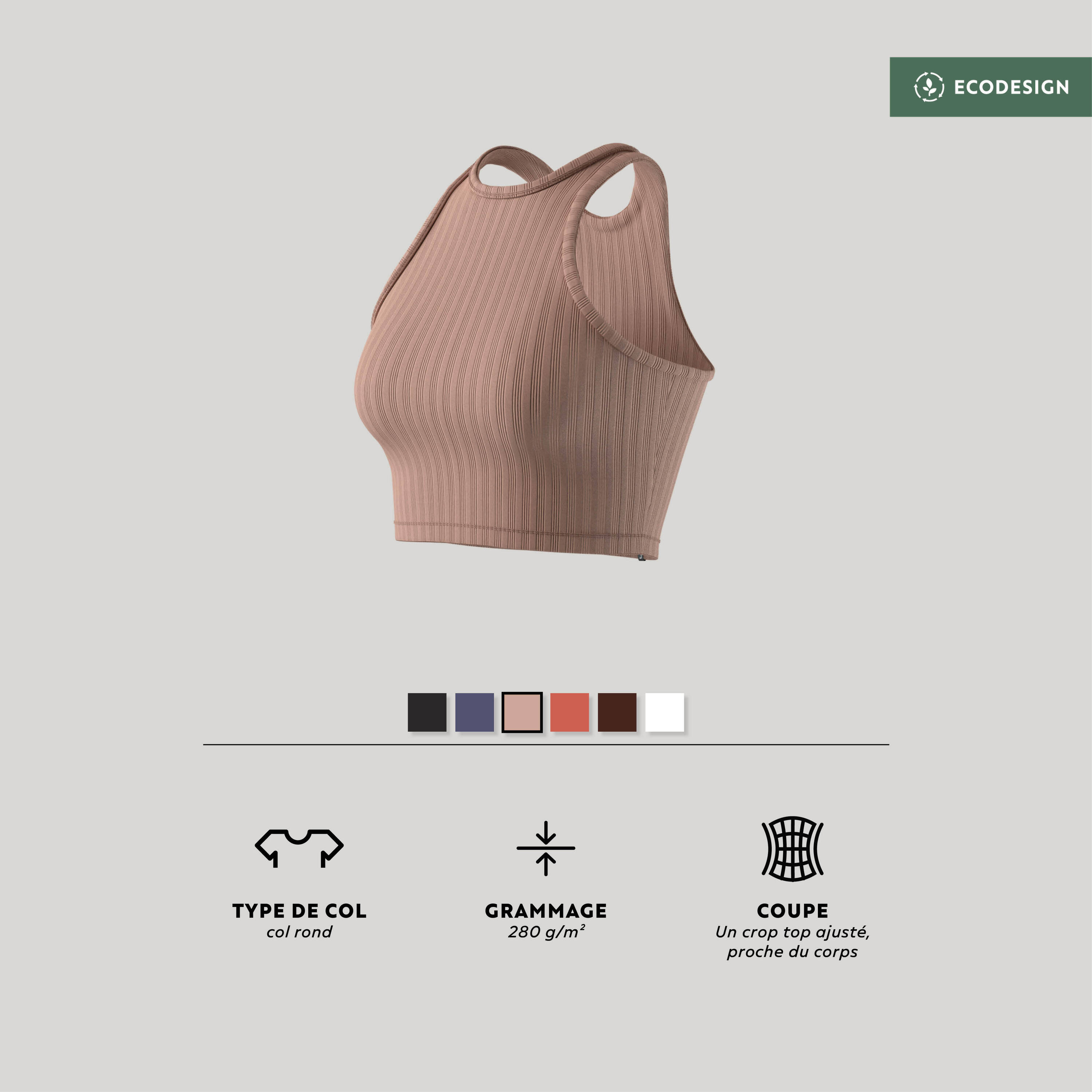 Women's Ribbed Cropped Fitness Tank Top 520 - Powder Beige -  2