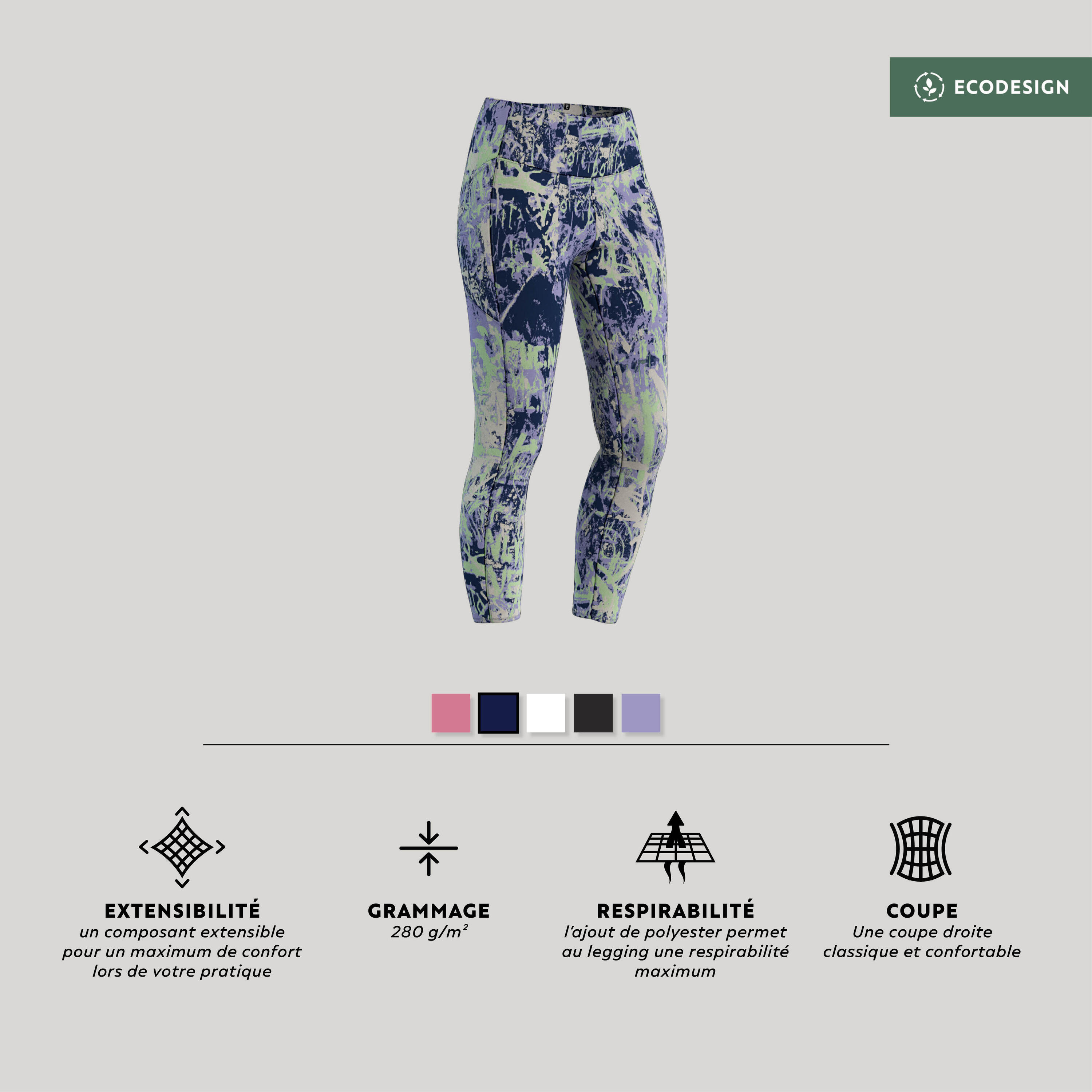 Legging Fitness Femme galbant - 520 Imprimé Mauve clair 6/7