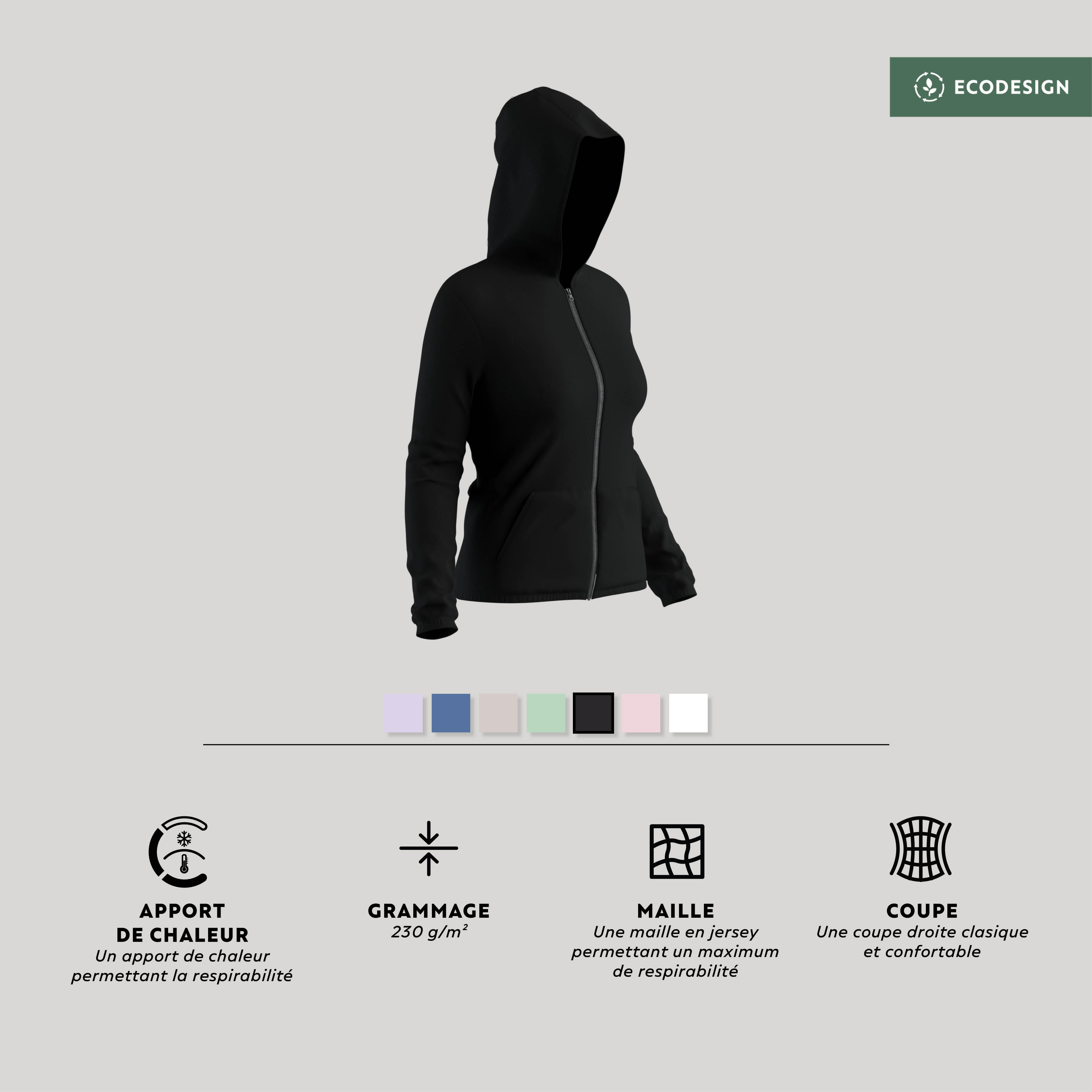 Veste en coton ouaté zippée femme, 100 - DOMYOS