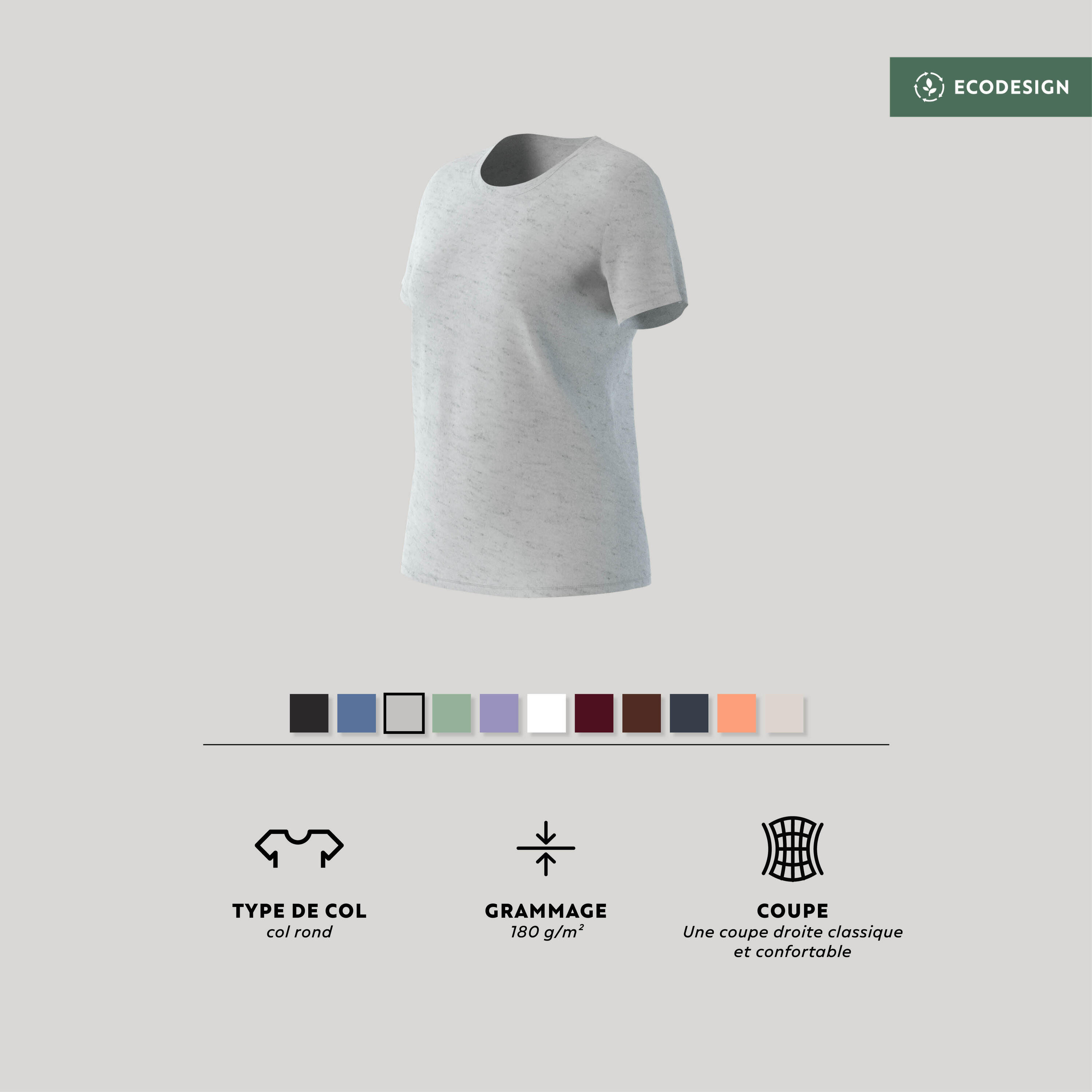 Tee-shirt en coton col rond femme, gris clair 8/12