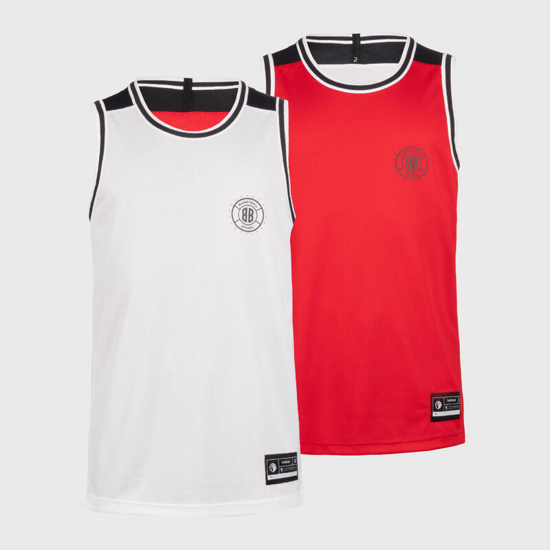MAILLOT BASKETBALL SANS MANCHE REVERSIBLE HOMME/FEMME -  T500 BLANC ROUGE