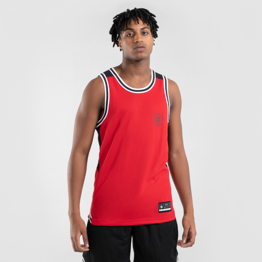 MAILLOT BASKETBALL SANS MANCHE REVERSIBLE HOMME/FEMME -  T500 NOIR ROUGE