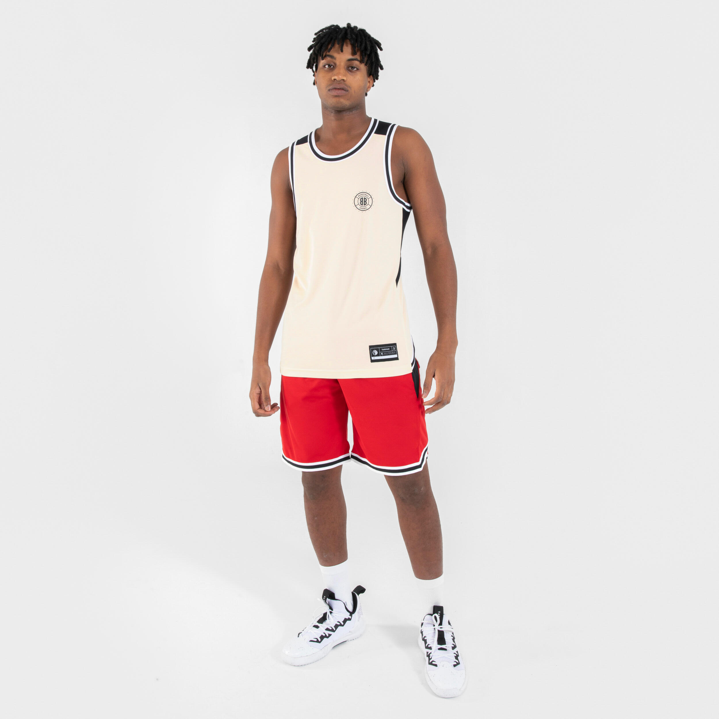 Basketbal shirt heren/dames T500 omkeerbaar rood/beige 2/8