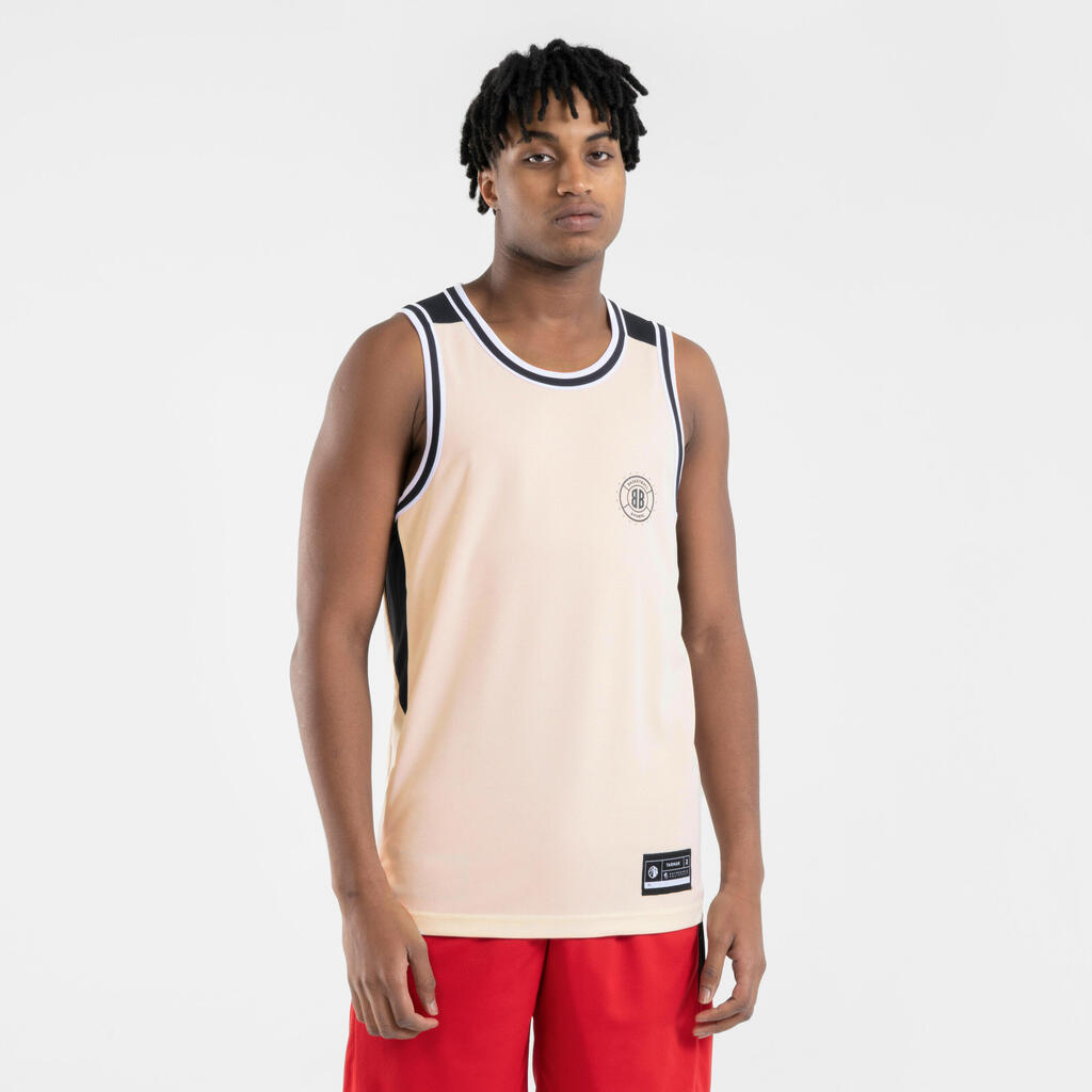 MAILLOT BASKETBALL SANS MANCHE REVERSIBLE HOMME/FEMME -  T500 ROUGE BEIGE