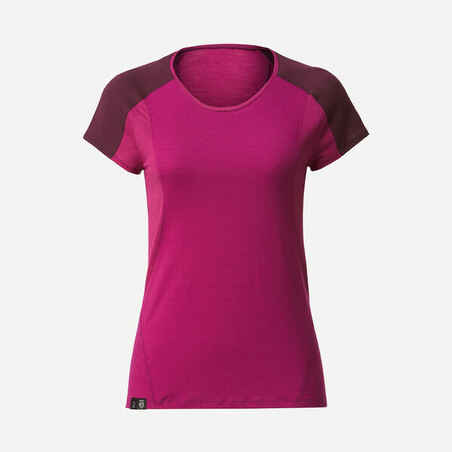 Vijoličasta ženska pohodniška majica s kratkimi rokavi iz merino volne MT500 