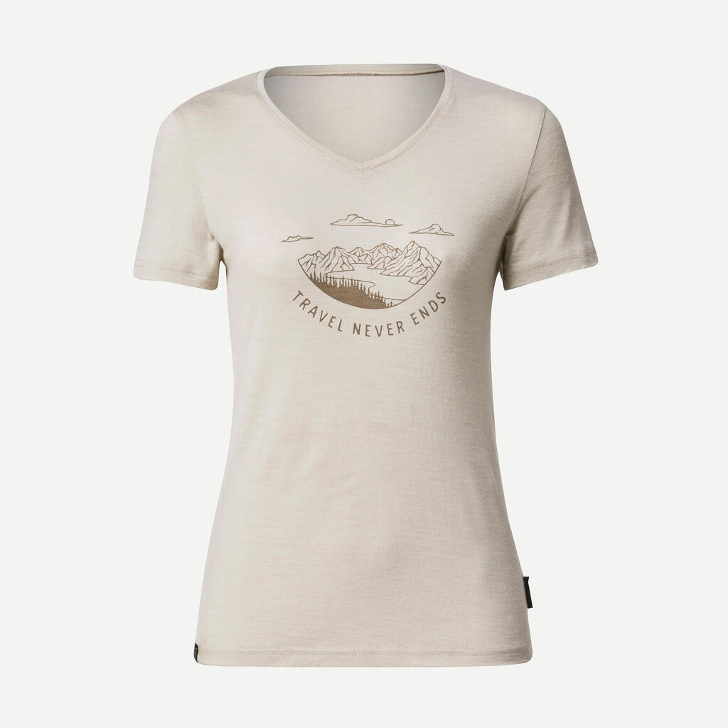Sieviešu ceļojumu trekinga merīnvilnas T krekls “Travel 100”, smilškrāsas