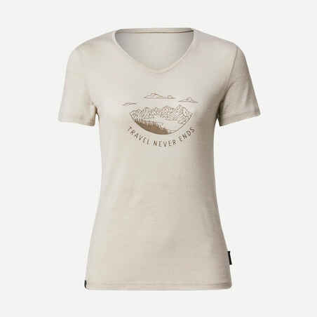Camiseta de lana merino 	para trekking Mujer Forclaz Travel100 beige