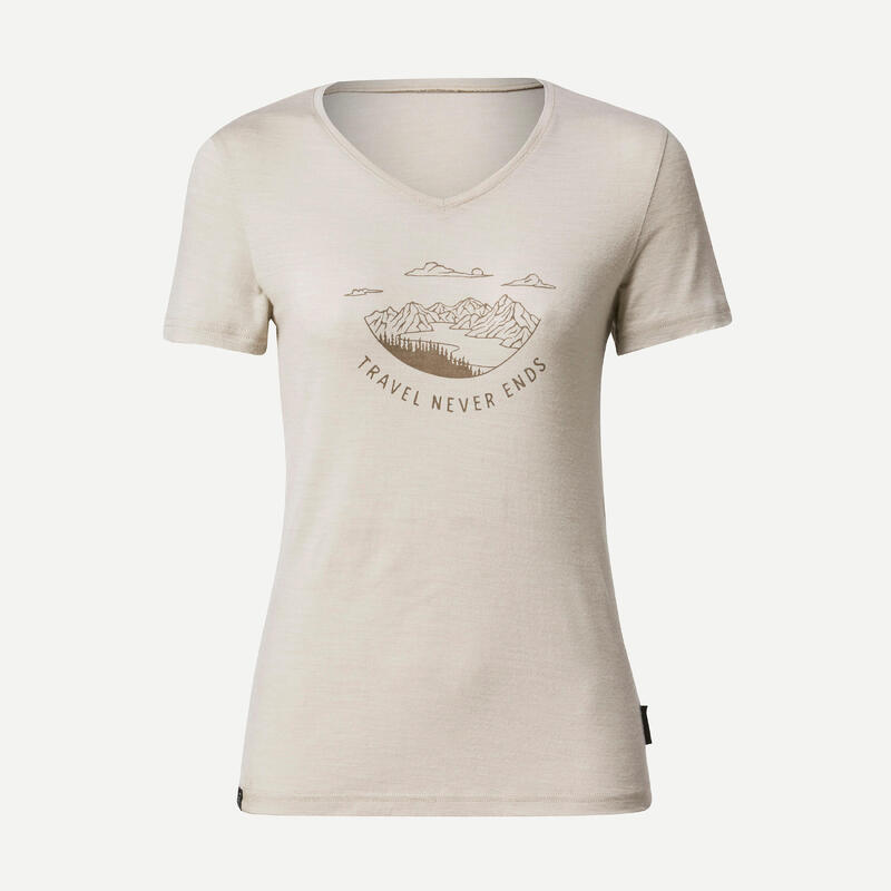 T-shirt de trek voyage - manches courtes - laine mérinos TRAVEL 100 beige Femme