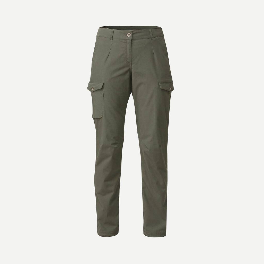 WOMEN’S TREKKING & TRAVEL CARGO TROUSERS - TRAVEL 100 - KHAKI