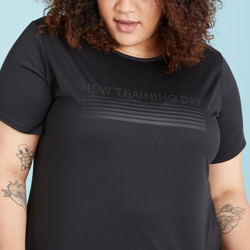 Getailleerd T-shirt voor cardiofitness dames grote maten zwart