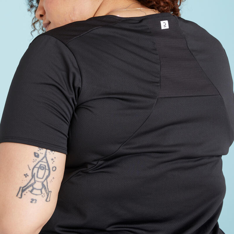 Getailleerd T-shirt voor cardiofitness dames grote maten zwart