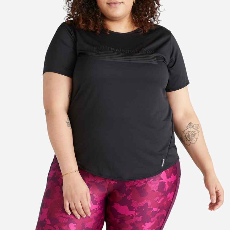 T-Shirt Damen tailliert Fitness Cardio grosse Grösse - schwarz