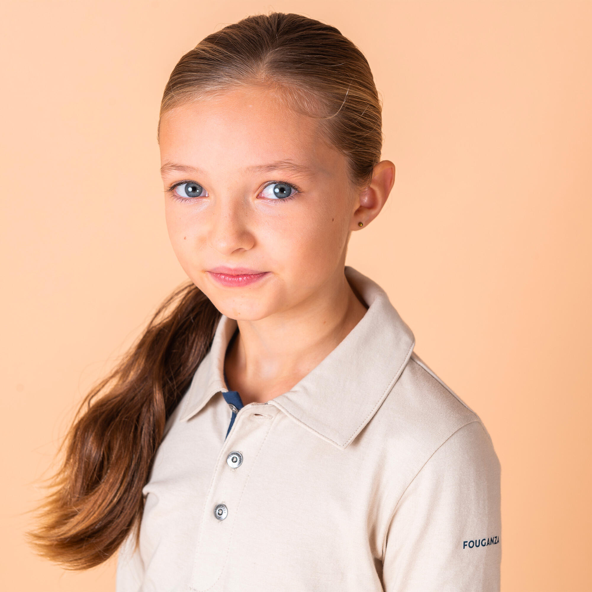 Girls' Long-Sleeved Horse Riding Polo 100 - Beige 4/5