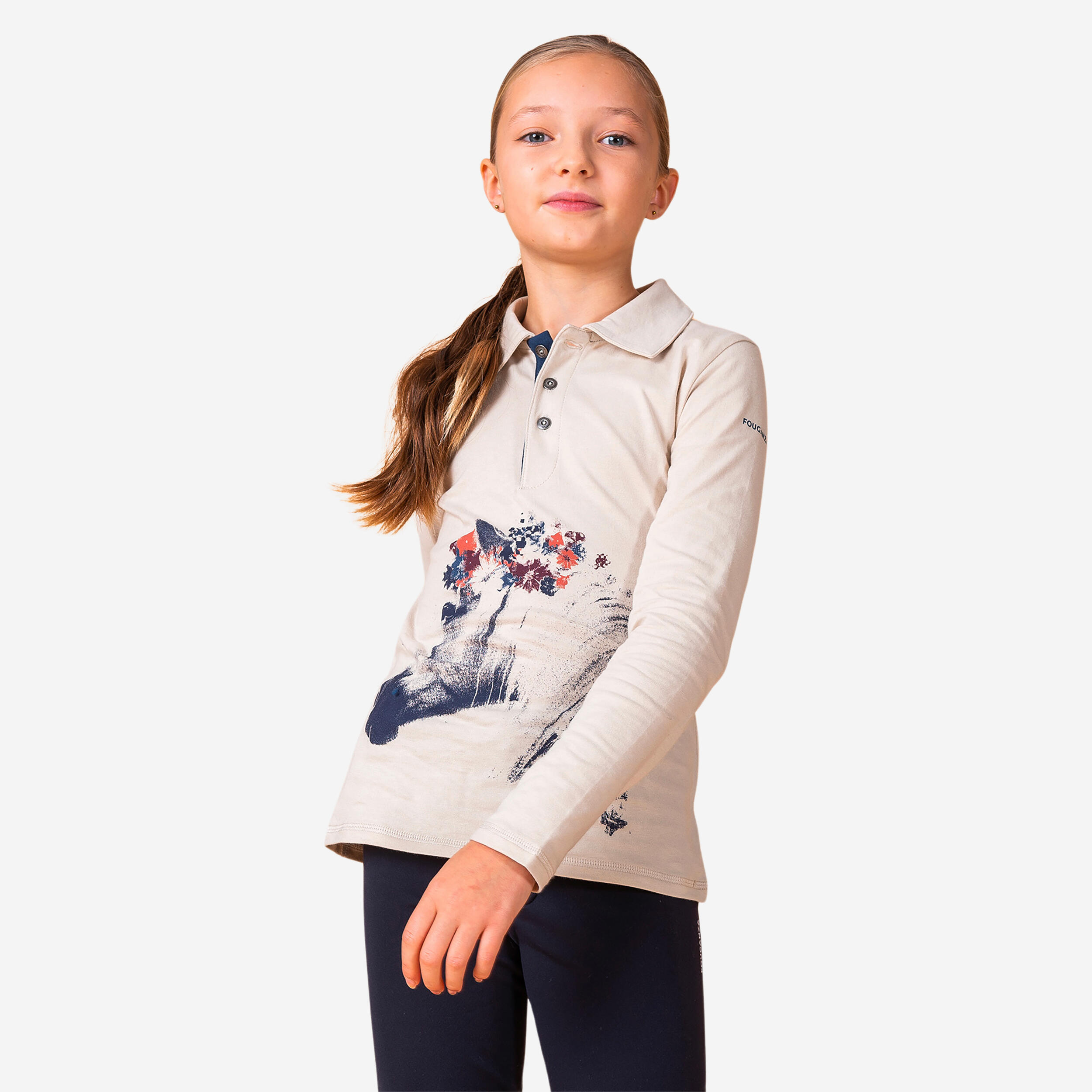 Girls' Long-Sleeved Horse Riding Polo 100 - Beige 1/5