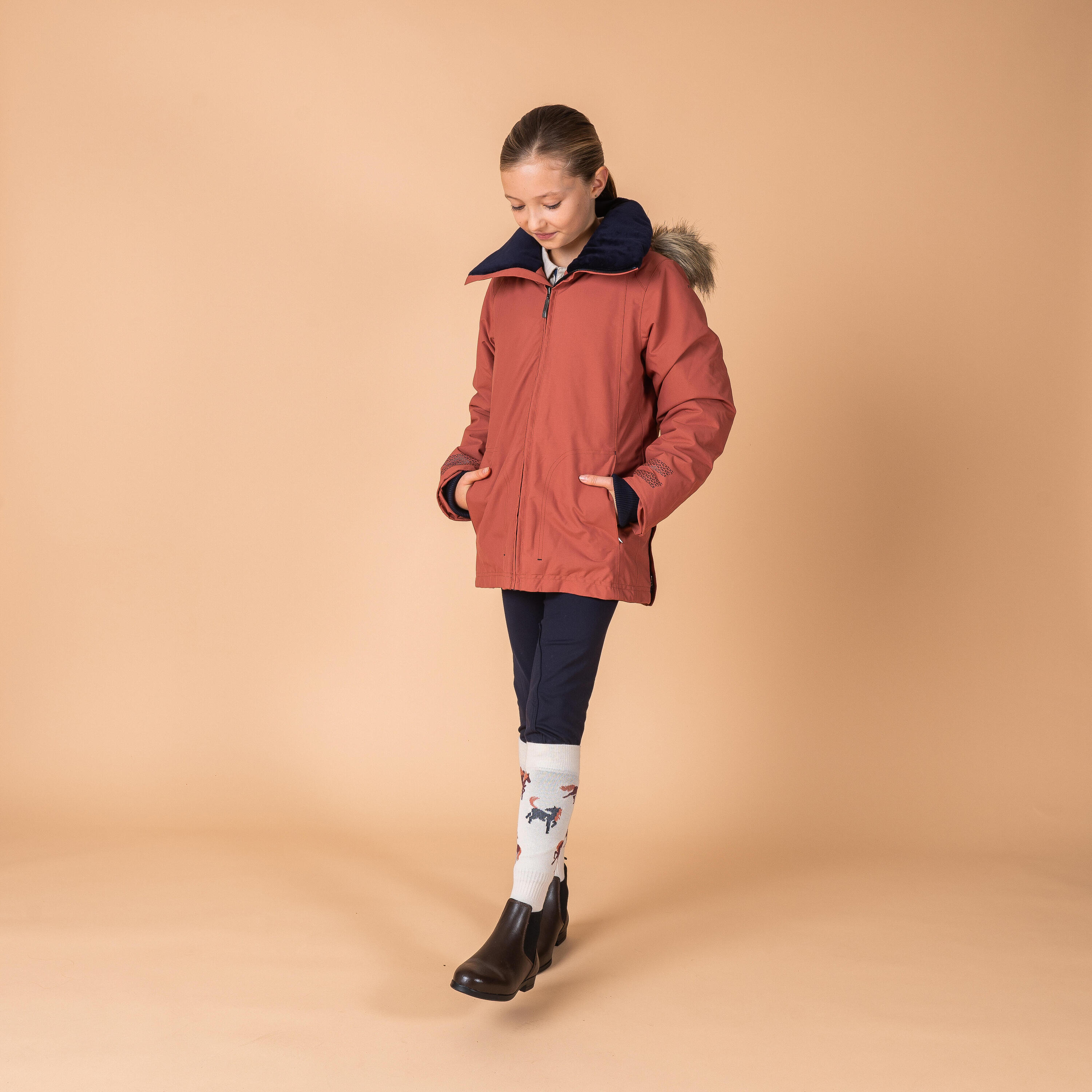 Kids' Waterproof and Warm Horse Riding Jacket 500 - Terracotta 2/9