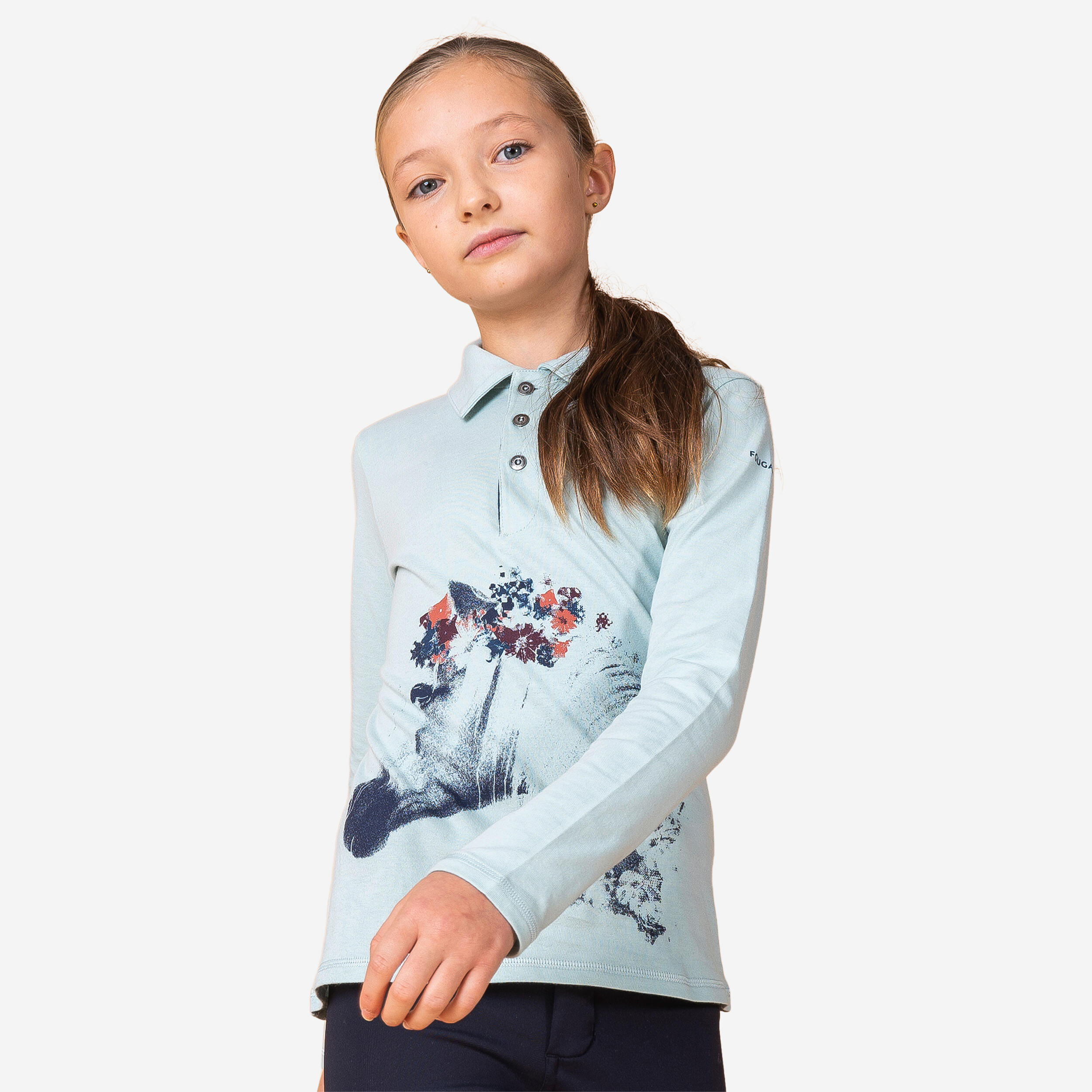 Girls' Long-Sleeved Horse Riding Polo Shirt 100 - Sea Green 1/4