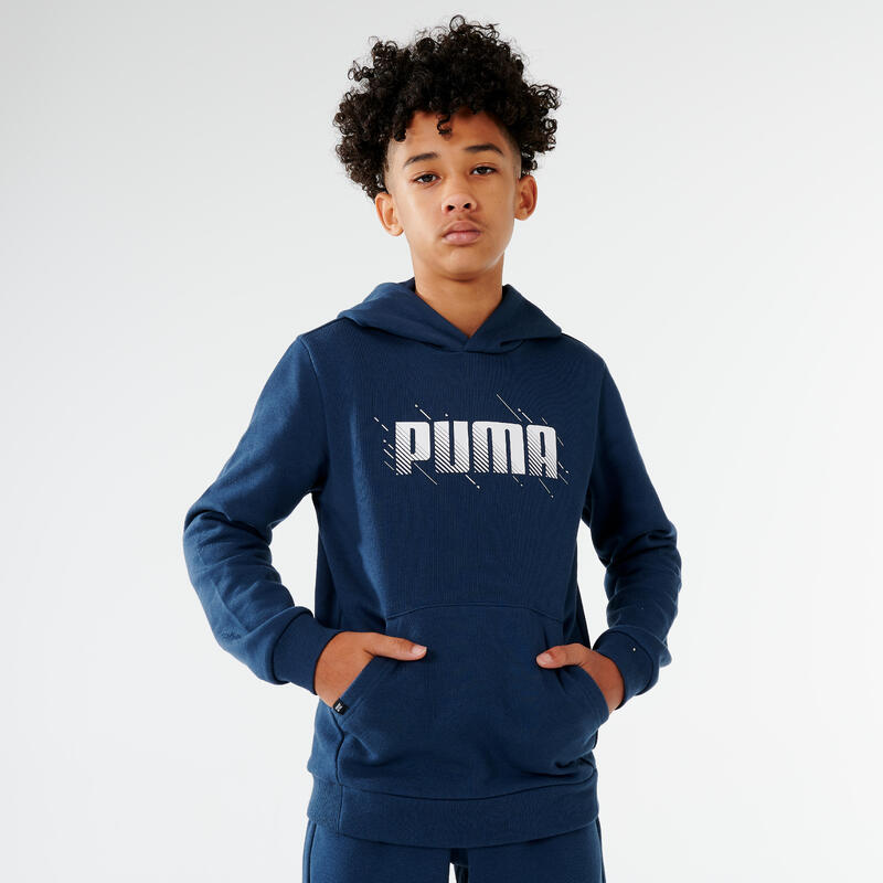 Felpa bambino ginnastica Puma misto cotone felpato con cappuccio blu con stampa