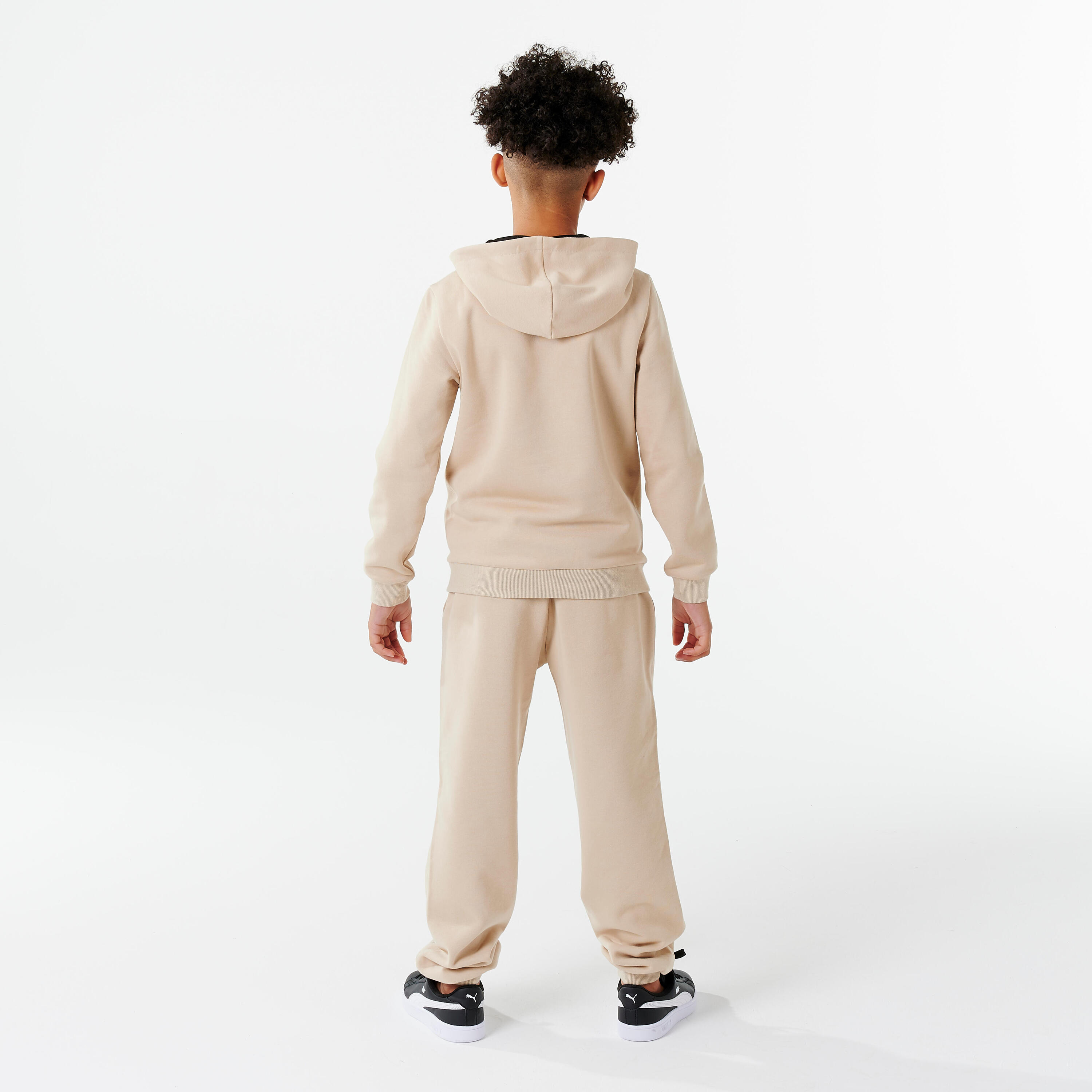 Felpa bambino ginnastica Puma misto cotone felpato con cappuccio beige e stampa 5/6