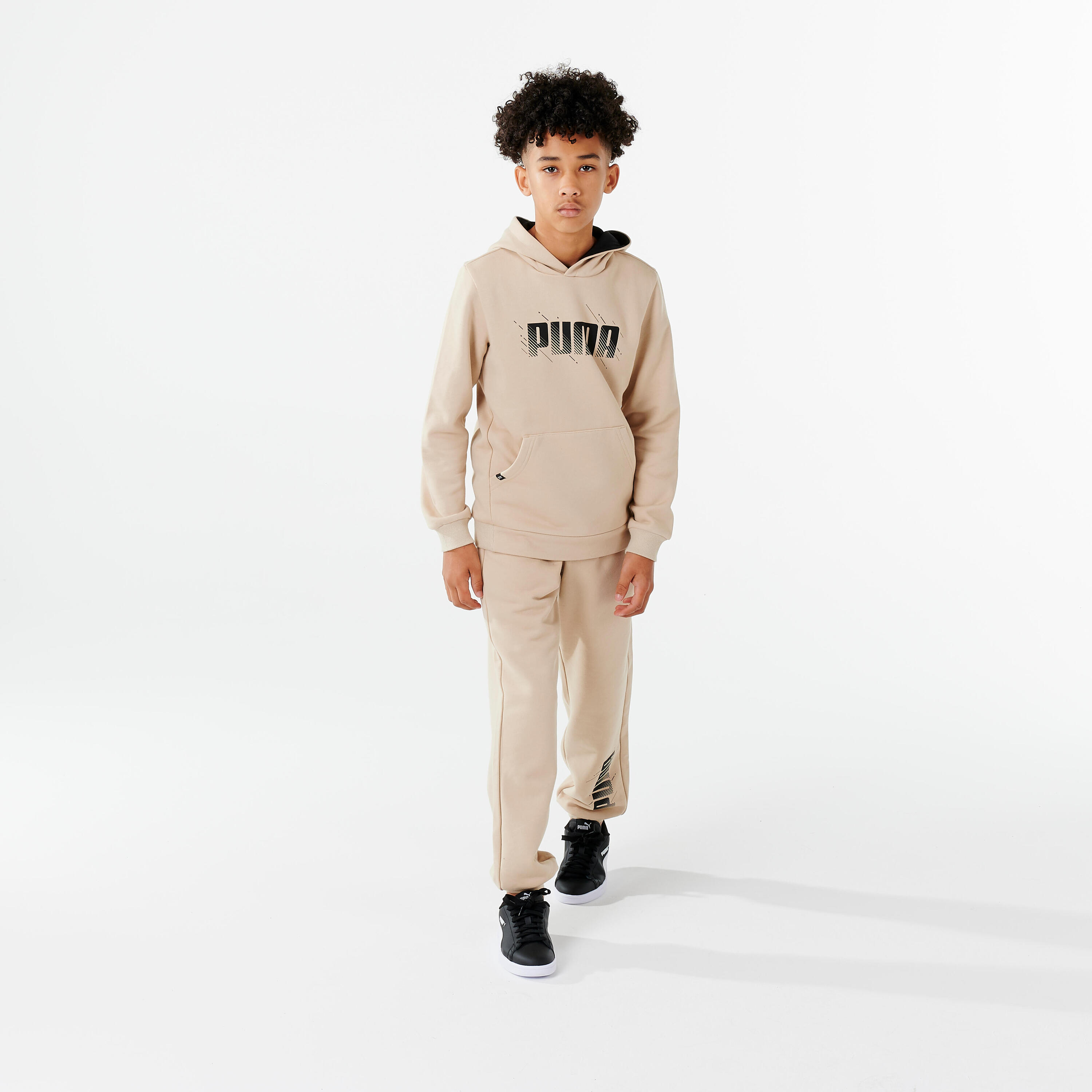 Felpa bambino ginnastica Puma misto cotone felpato con cappuccio beige e stampa 4/6