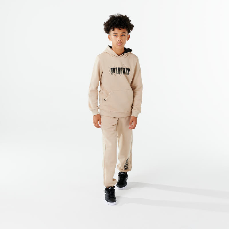 Felpa bambino ginnastica Puma misto cotone felpato con cappuccio beige e stampa