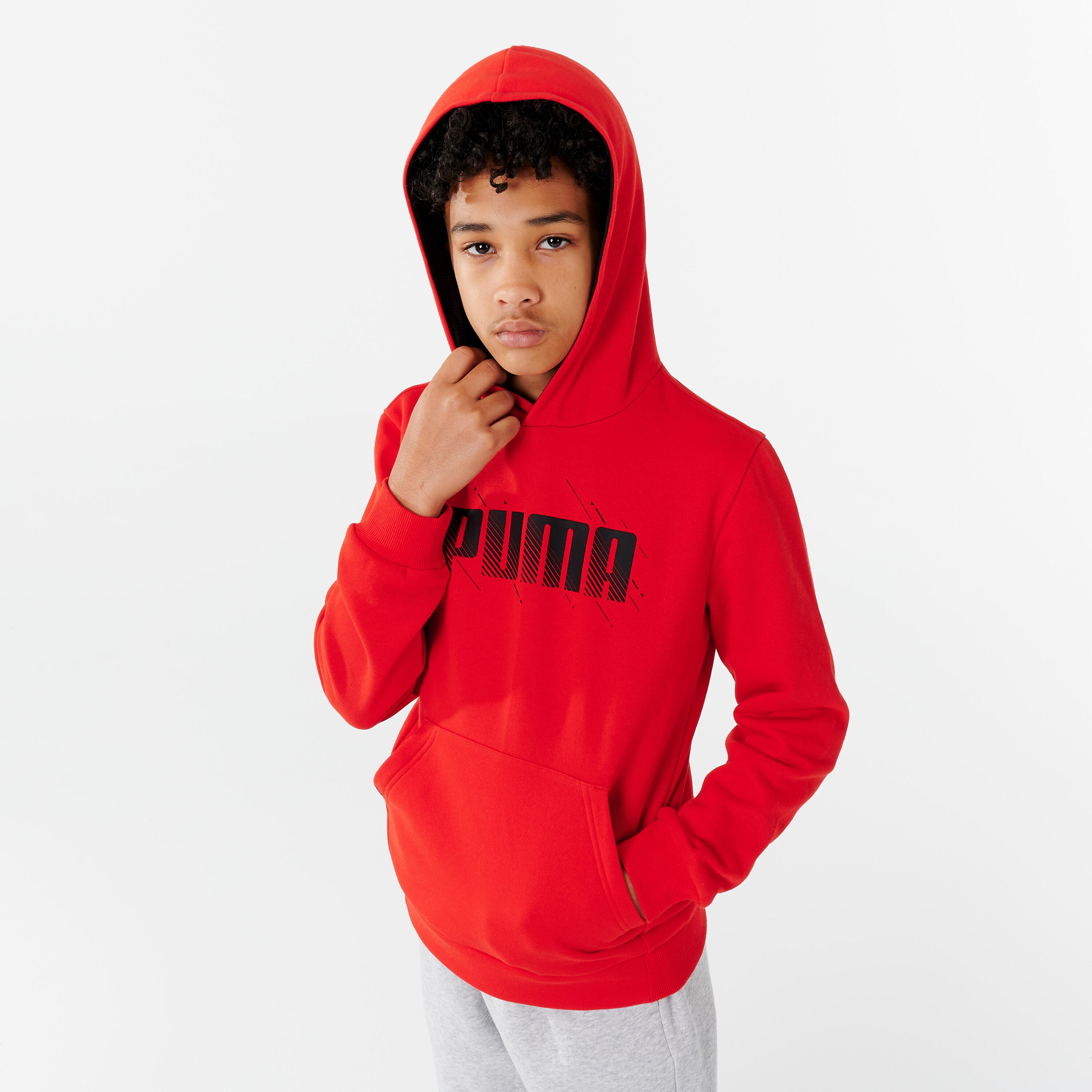 Felpa bambino ginnastica Puma misto cotone felpato con cappuccio rossa  4/7