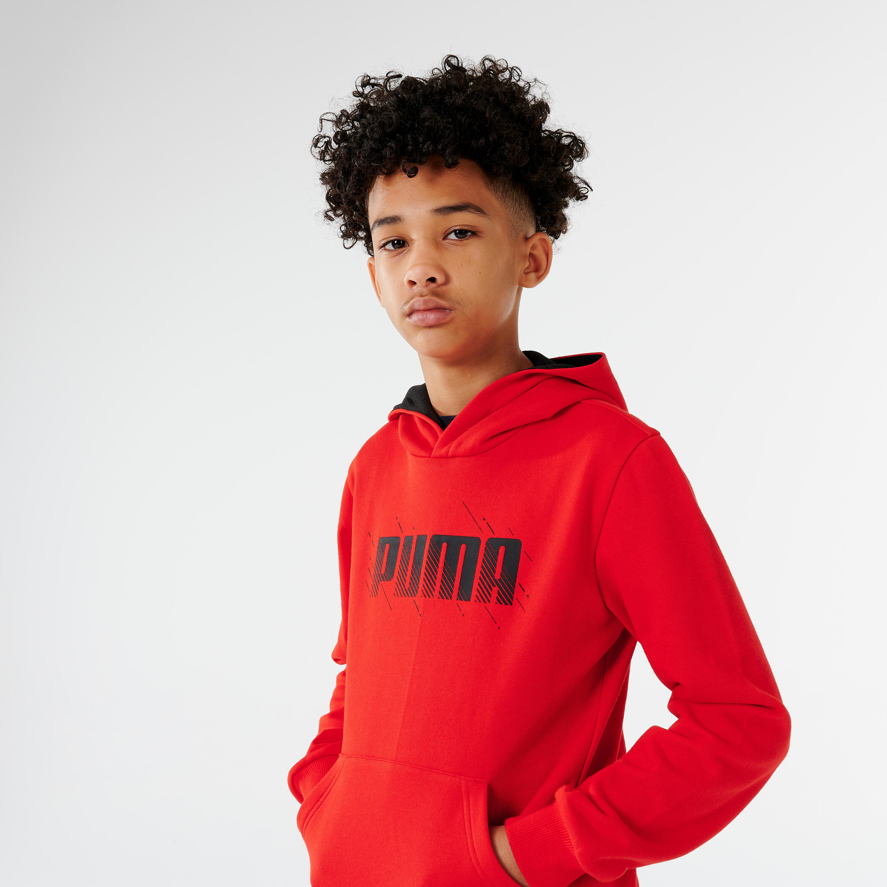 Felpa bambino ginnastica Puma misto cotone felpato con cappuccio rossa  2/7