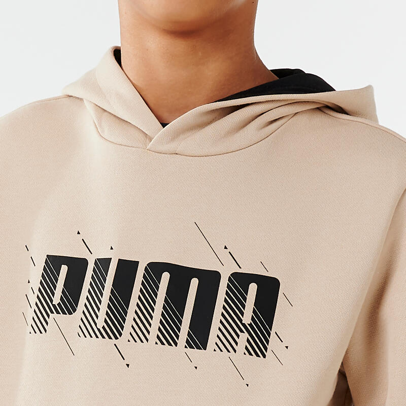 Felpa bambino ginnastica Puma misto cotone felpato con cappuccio beige e stampa