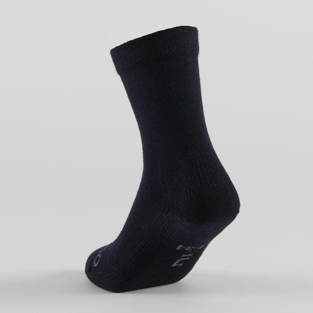 Detské tenisové ponožky RS 160 vysoké 3 páry biele s potlačou, hnedé a biele