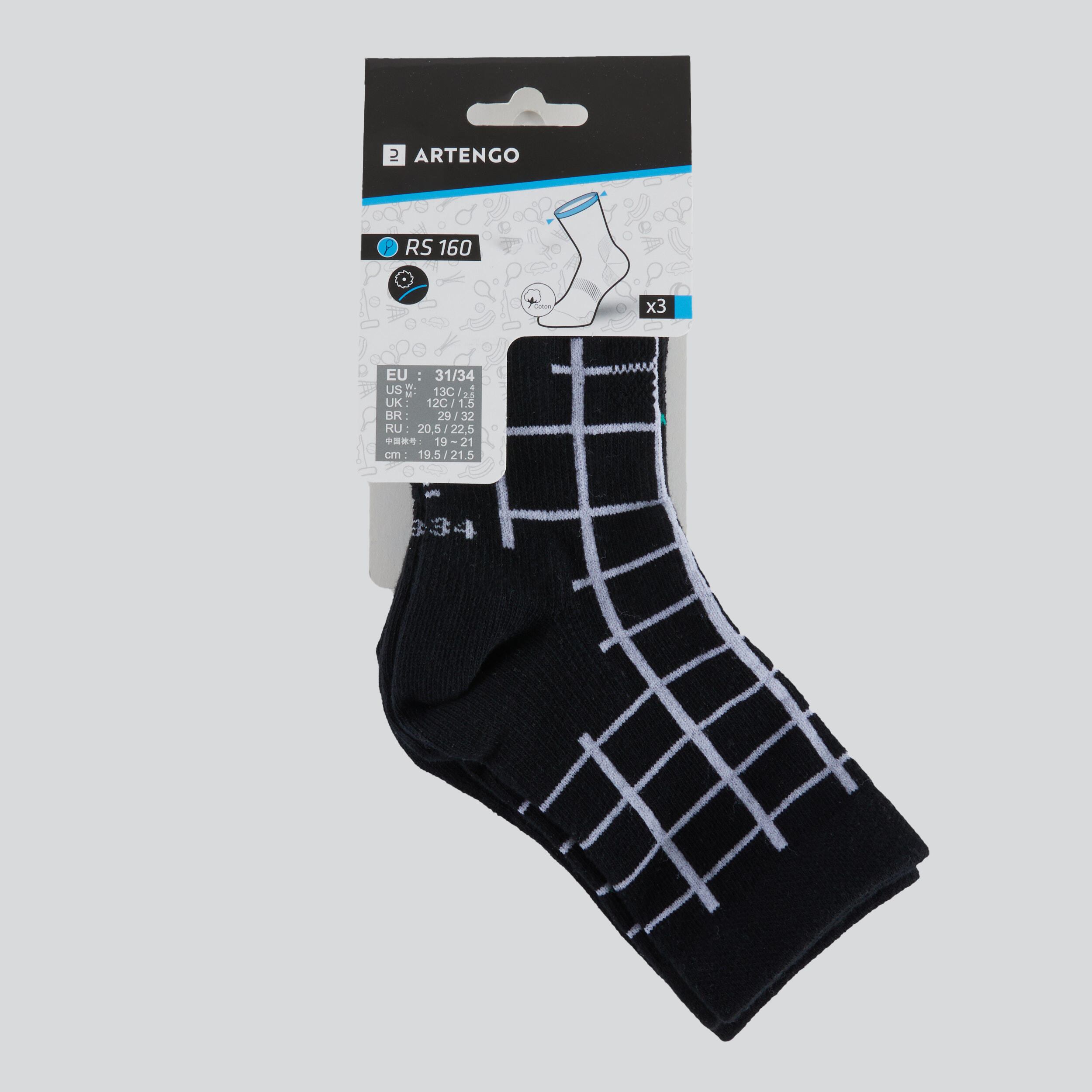 Kids' High Tennis Socks Tri-Pack RS 160 - Black/Print 13/13