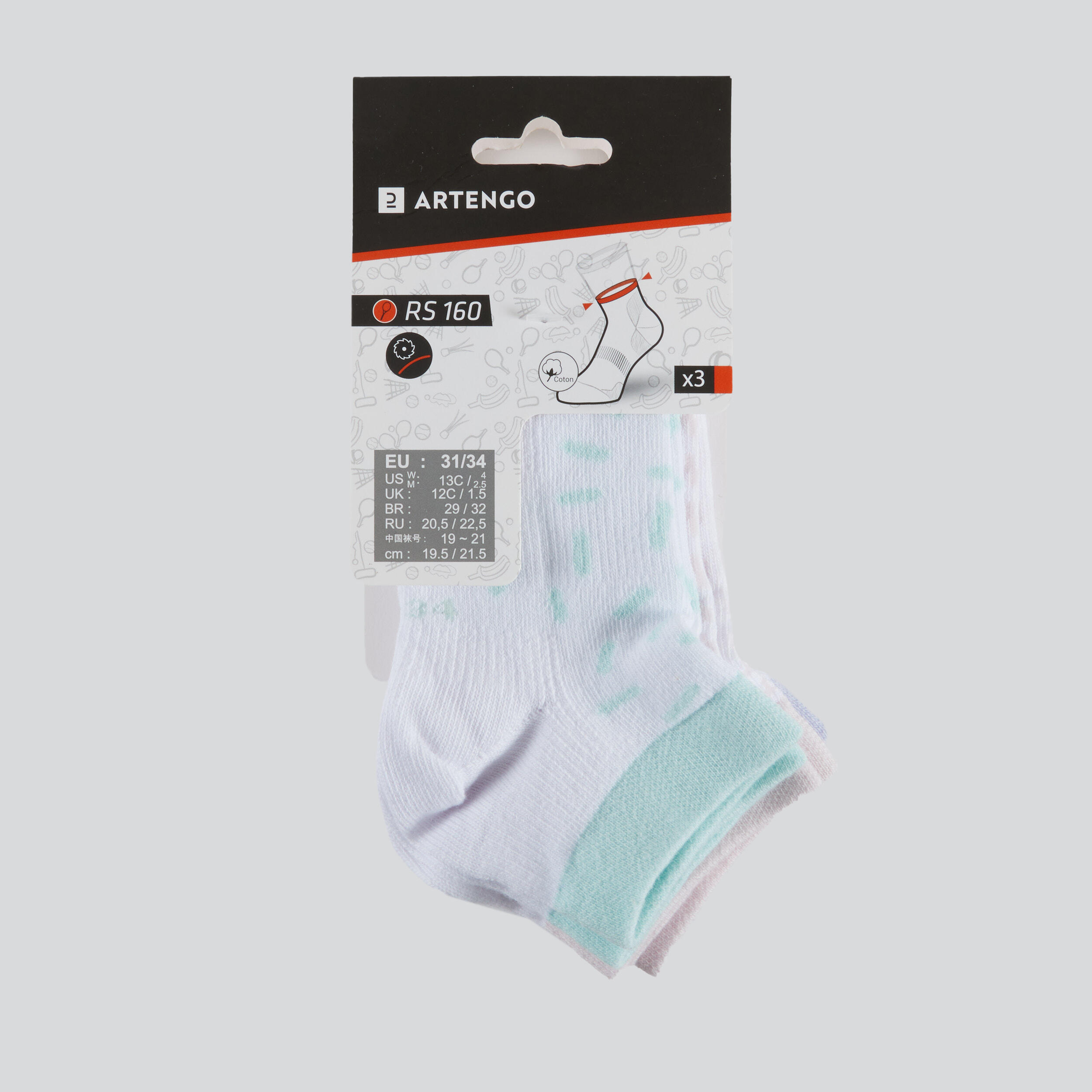 Kids' Mid Sports Socks RS 160 Tri-Pack - White/Pastel 14/14