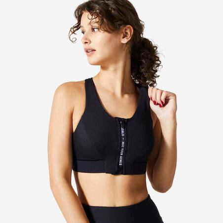 Yoga Basic High Support Letter Graphic Zip Front Sports Bra