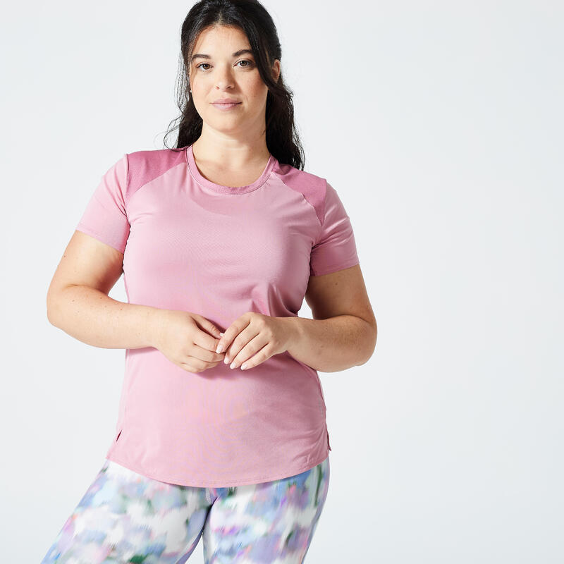 T-shirt donna fitness 500 slim misto cotone rosa