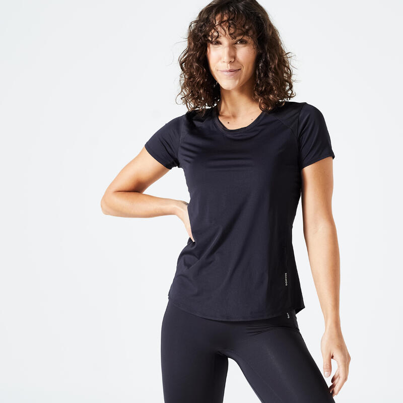 T-Shirt tailliert Fitness Damen - schwarz