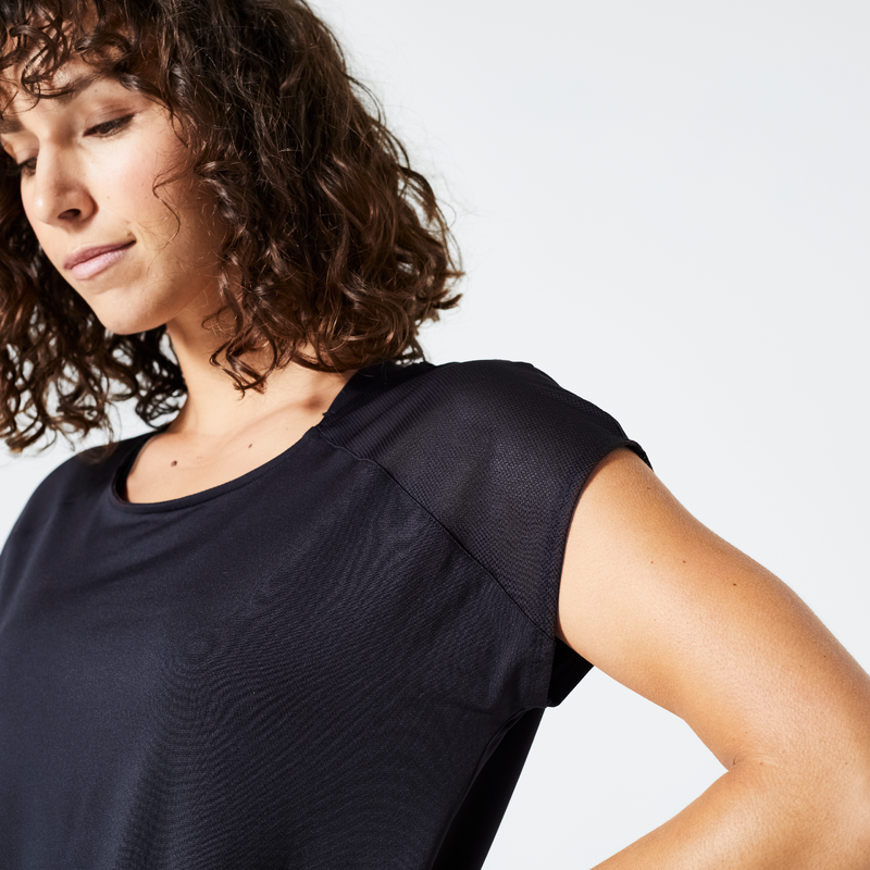 T shirt ample col rond Fitness Cardio Femme Noir pour les clubs et collectivites Decathlon Pro