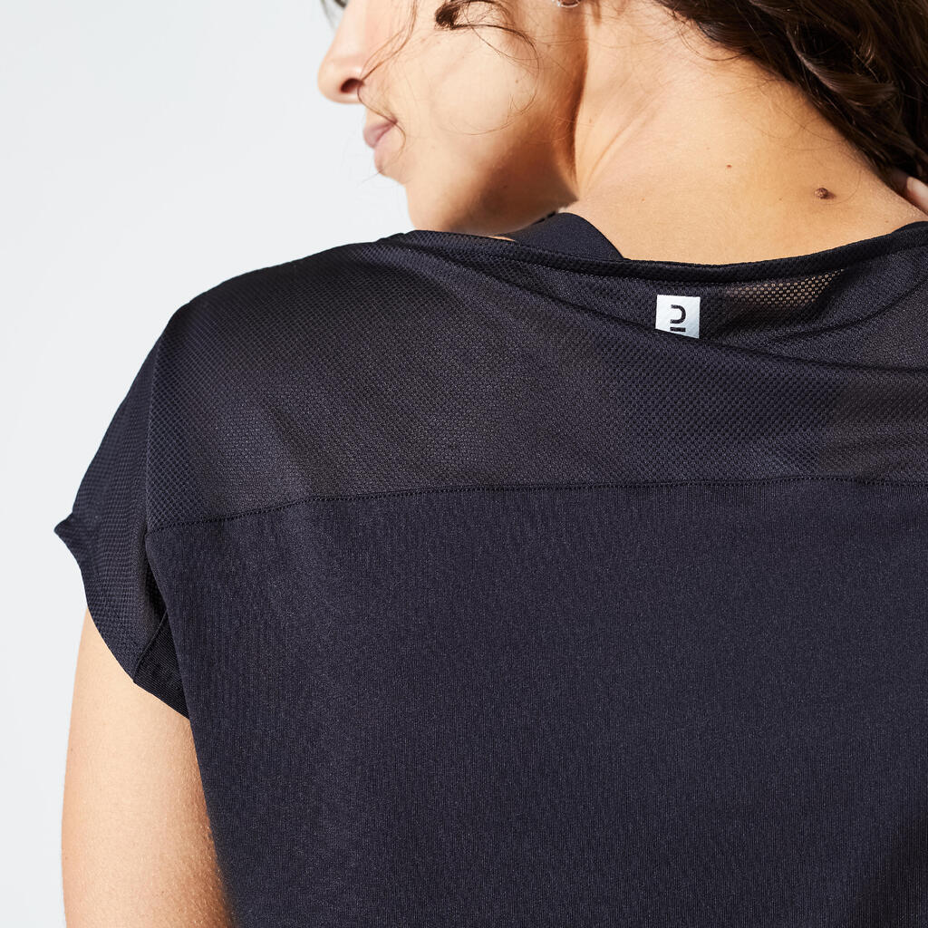 Majica kratkih rukava za kardiofitnes FTS 120 široka s okruglim izrezom ženska crna