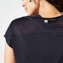 Γυναικείο αθλητικό t-shirt σε φαρδιά γραμμή με στρογγυλή λαιμόκοψη - Μαύρο