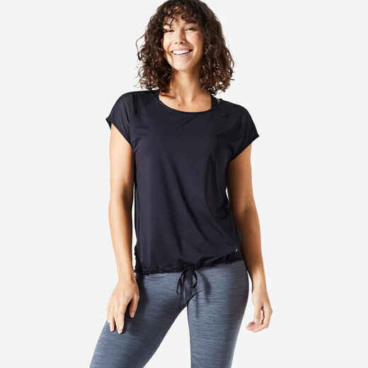 
      Γυναικείο αθλητικό t-shirt σε φαρδιά γραμμή με στρογγυλή λαιμόκοψη - Μαύρο
  