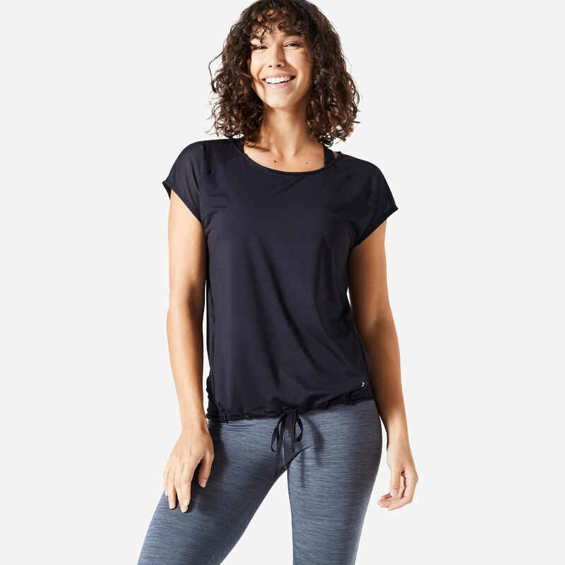 T-Shirt Damen weit Rundhalsausschnitt Fitness Cardio - schwarz