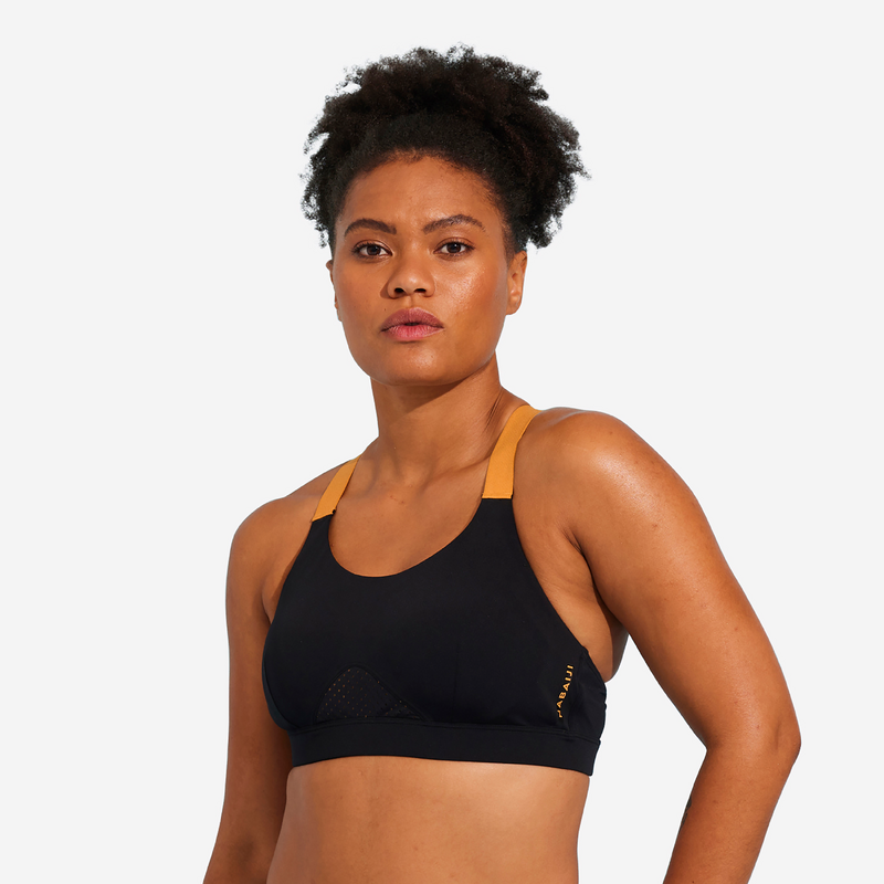 Haut de maillot de bain aquagym aquabike femme Elea noir ocre pour les clubs et collectivites Decathlon Pro