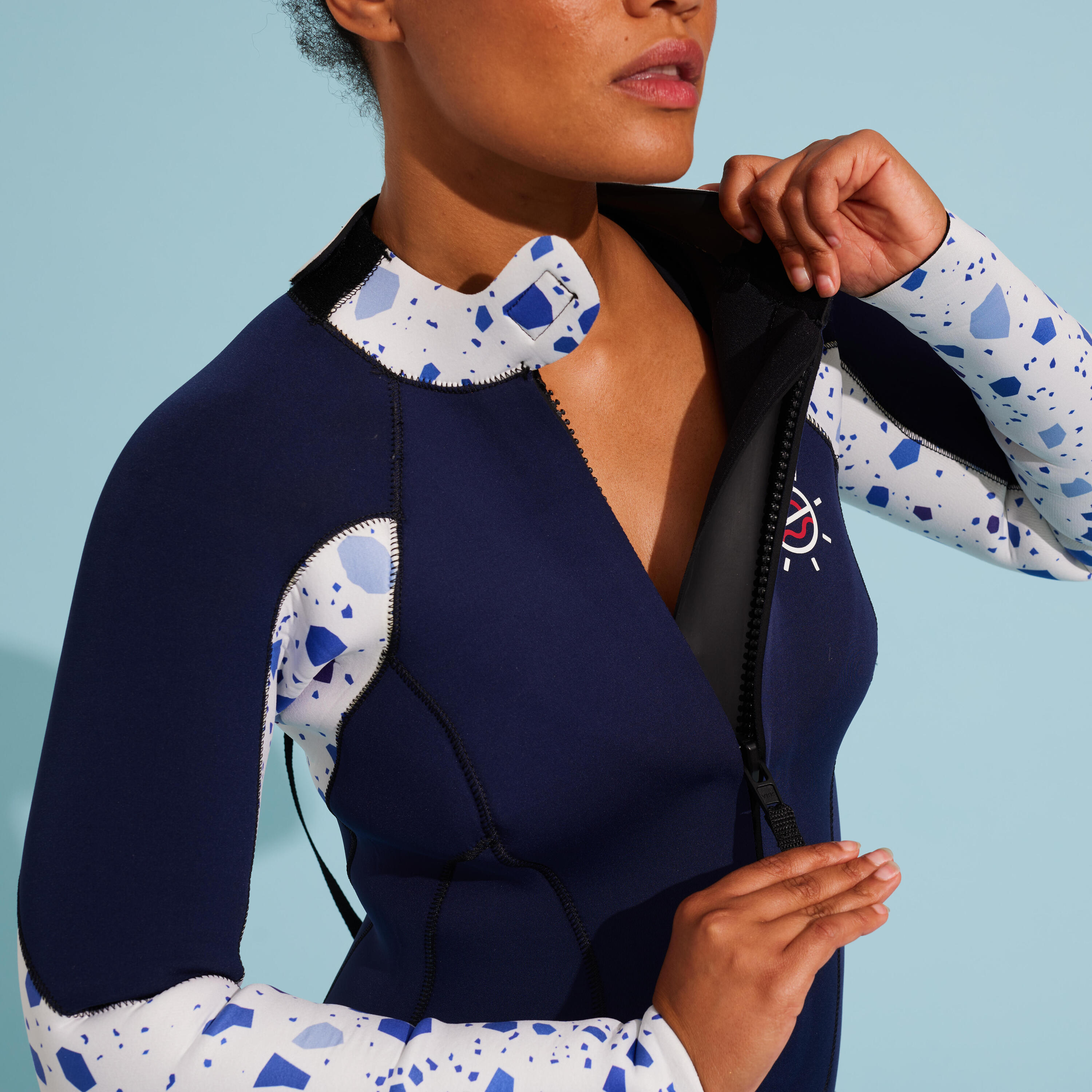 Damesshorty met lange mouwen voor aquawalking neopreen 4/3 donkerblauw 3/8