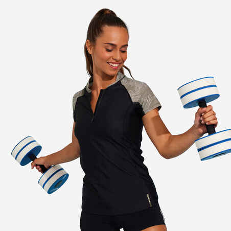 تيشيرت مائي لتمارين الرياضية المائية واللياقة البدنية المائية بأكمام قصيرة للنساء - كاكي/ أسود