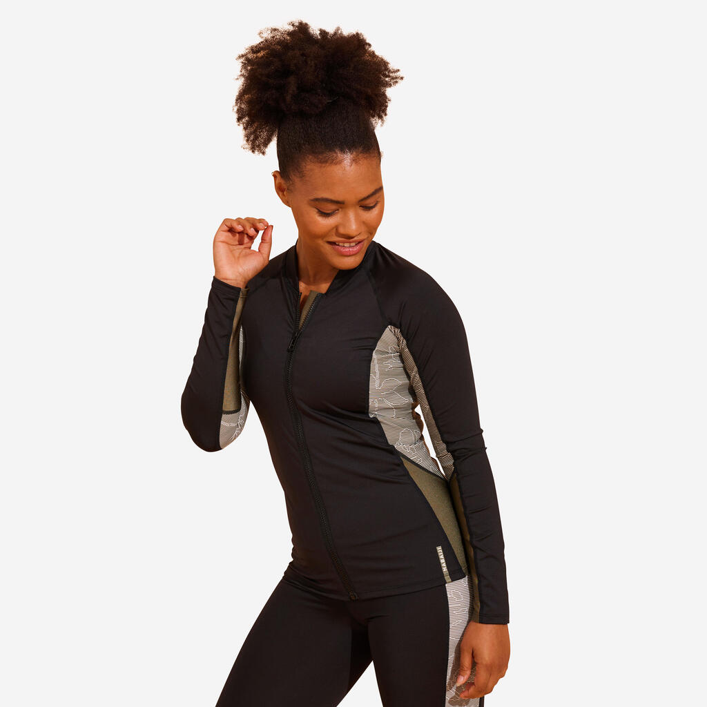 LONG-SLEEVED ZIPPED T-SHIRT FOR AQUAFIT-AQUABIKING LIA KHAKI