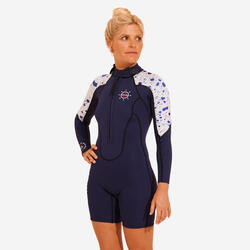 Shorty wetsuit voor aquawalking dames lange mouwen neopreen 3/2 mm donkerblauw