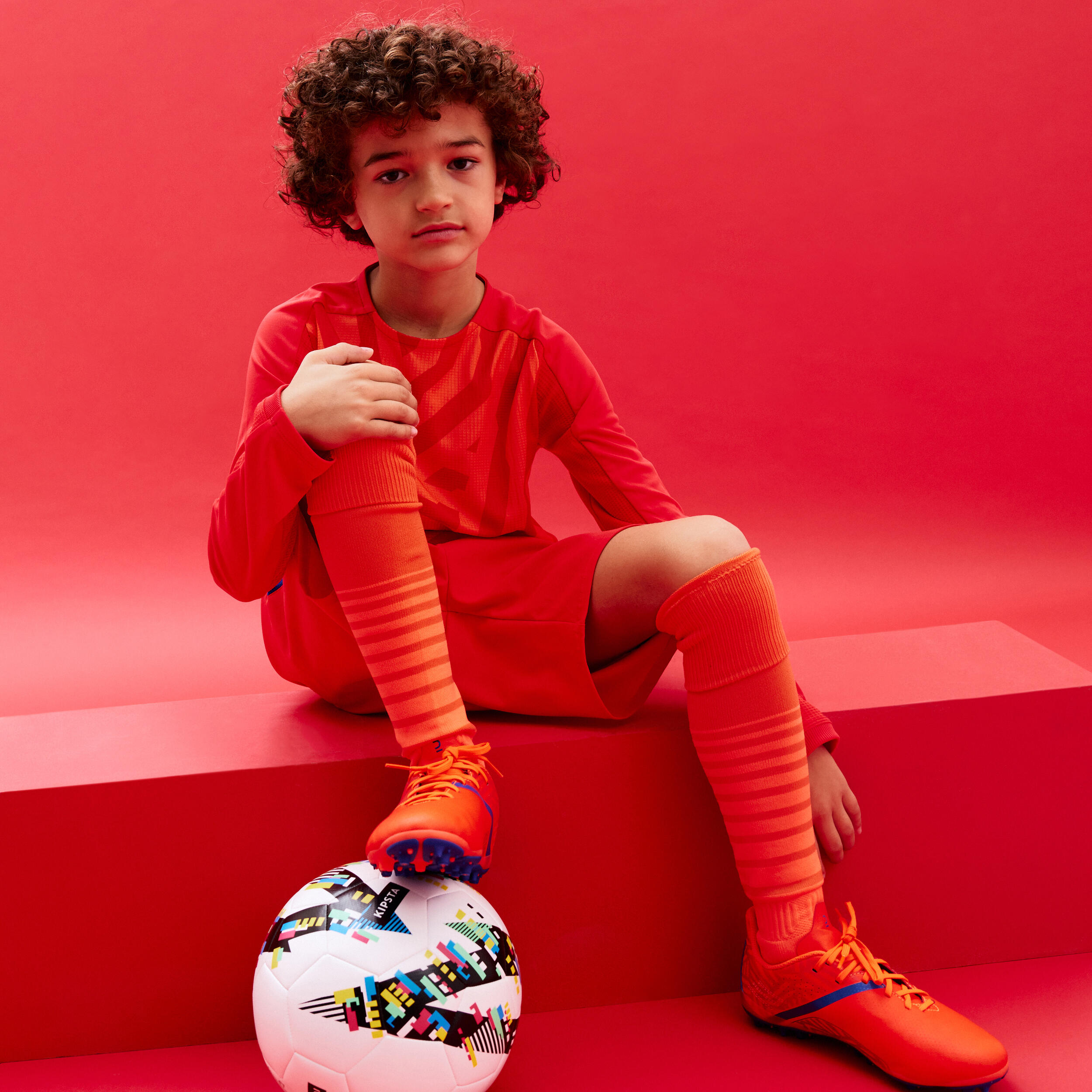 Kids' Long-Sleeved Football Shirt Viralto Aqua - Orange & Red 8/8