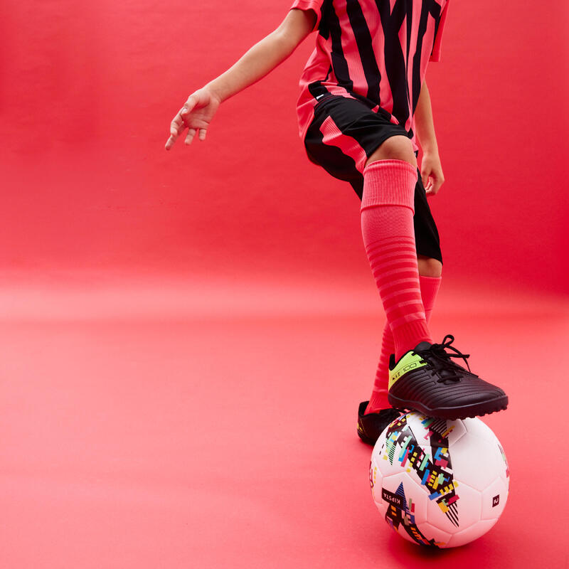 Chaussettes de football rayée enfant F500 Rose Fluo