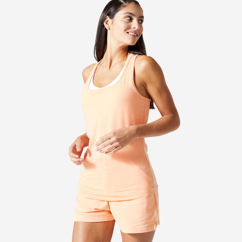 Canotta donna fitness 500 slim misto cotone arancione chiaro