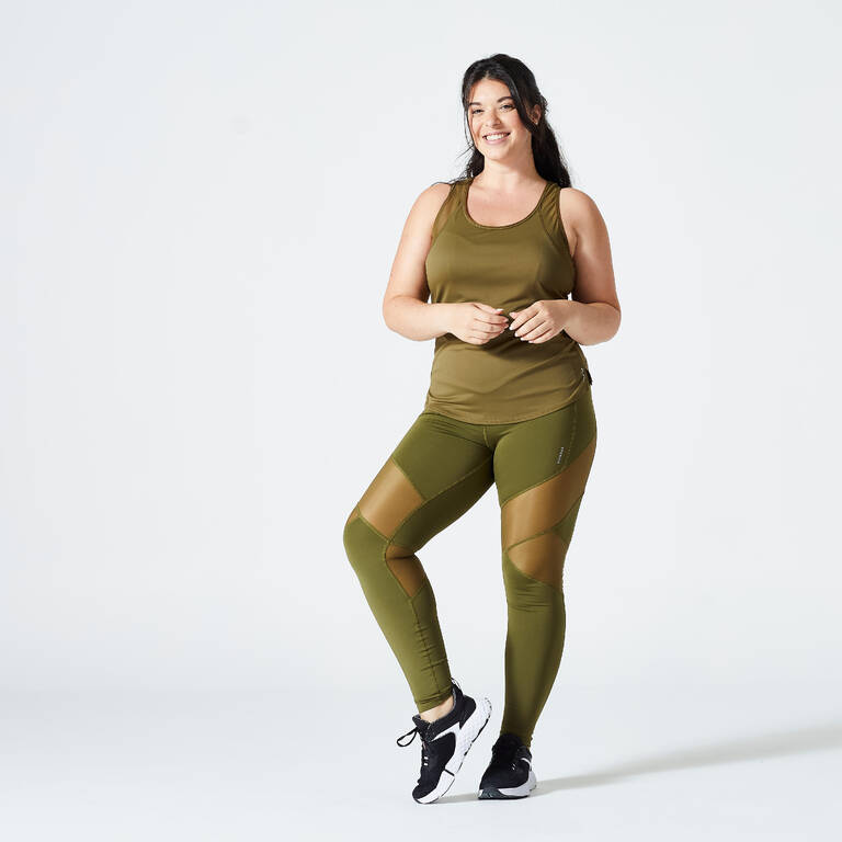 Women's High-Waisted Bimaterial Cardio Fitness Leggings - Khaki