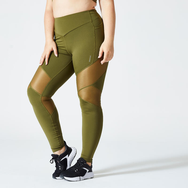 Leggings donna fitness 500 vita alta modellanti verde militare