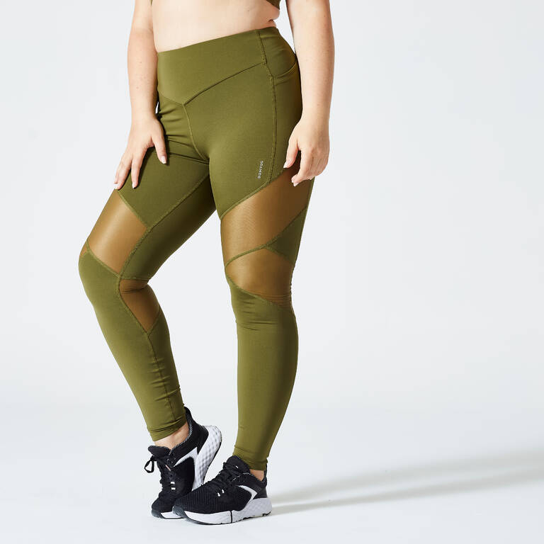 Women's High-Waisted Bimaterial Cardio Fitness Leggings - Khaki - Decathlon