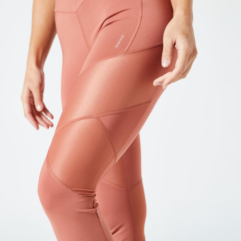 Leggings donna palestra 500 modellanti traspiranti vita alta terracotta